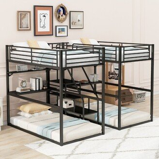 Double Twin over Twin Size Metal Bunk Bed with Desk, Shelves and Storage Staircase, Black