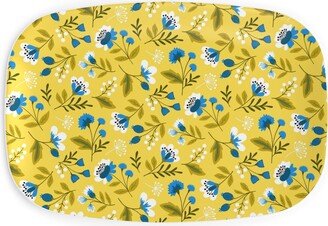 Serving Platters: Colorful Spring Flowers - Blue On Yellow Serving Platter, Yellow