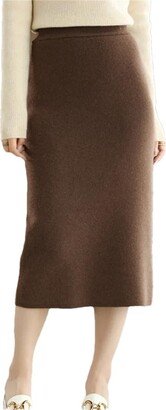 Saeohnssty Pure Wool Knitted Skirt Women's Long High Waist Slim Wrap Hip Cashmere Skirt Coffee