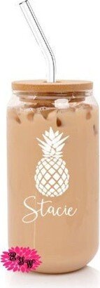 Beer Can Glass, Engraved Pineapple 16Oz. Pint Etched Personalized Glass Can