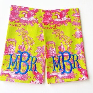 Chinoiserie Toile Pink & Chartreuse Tea Towel Embroidered. So Cute Monogrammed. Price Is For One