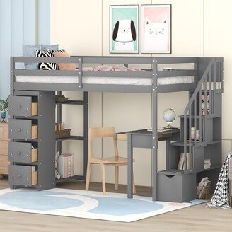 Sunmory Twin size Loft Bed with Storage Drawers ,Desk and Stairs, Wooden Loft Bed with Shelves