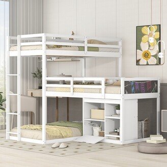 IGEMAN Triple Twin Size Bed, L-Shaped Bunk Bed with Storage Cabinet and Blackboard, Ladder, Space-Saving, White