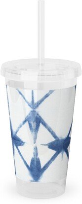 Travel Mugs: Shibori Diamond - Blue On White Acrylic Tumbler With Straw, 16Oz, Blue