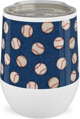 Travel Mugs: Baseball Balls On Blue Linen Stainless Steel Travel Tumbler, 12Oz, Blue