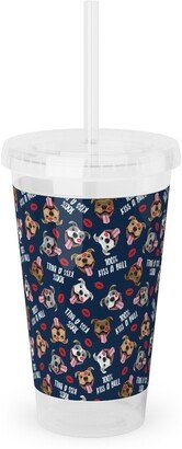 Travel Mugs: 100% Kiss A Bull - Cute Pit Bull Dog - Red And Blue Acrylic Tumbler With Straw, 16Oz, Blue