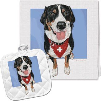 Greater Swiss Mountain Dog Kitchen Dish Towel & Pot Holder Gift Set | Dp705