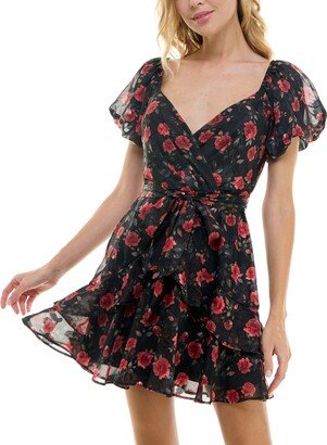 Juniors' Surplice-Neck Tie-Waist Fit & Flare Chiffon Dress