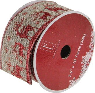 Northlight Red and Beige Reindeer Burlap Wired Christmas Craft Ribbon 2.5