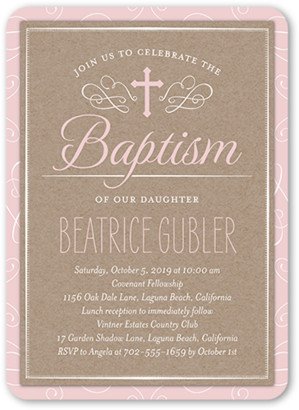 Baptism Invitations: Bordered Christening Girl Baptism Invitation, Pink, Standard Smooth Cardstock, Rounded