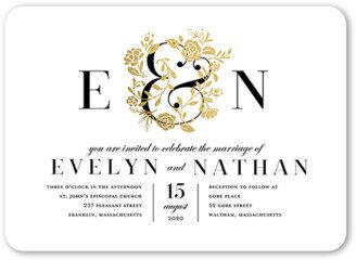 Wedding Invitations: Illuminated Bough Wedding Invitation, White, Gold Foil, 5X7, Matte, Signature Smooth Cardstock, Rounded