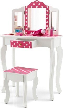 Kids Vanity Table and Stool Set with Cute Polka Dot Print-Pink - N/A