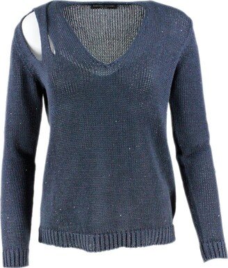 V-neck Sweater In Cotton And Linen With Woven Sequins Open On The Shoulder