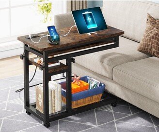 Farfarview Small Portable Desk with Power Outlet, Height Adjustable C Side Laptop Table