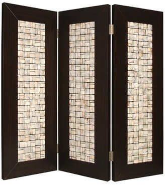 3 Panel Room Divider with Pearl Shell Inlay, Brown and Beige