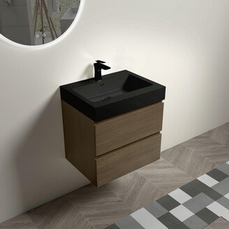 BEYONDHOME Modern Dark Oak Floating Bathroom Vanity: Wall-Mounted, Spacious Storage, One-Piece Black Sink