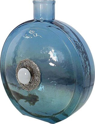 Eliana Glass Vase with Iron and Stone Motif - Blue/Nickel