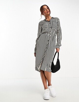 belted midi shirt dress in black and beige stripe