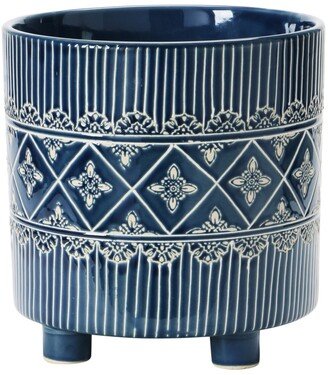 Storied Home Debossed Stoneware Footed Planter with Pattern, Blue and White