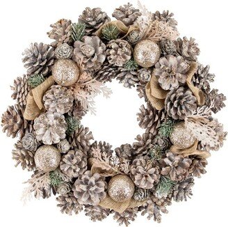 Northlight Green Pine and Burlap Bows Artificial Glitter Christmas Wreath, 13.75-Inch, Unlit