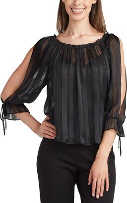 Juniors' Shimmering Split-Sleeve Ruffled-Neck Satin Top