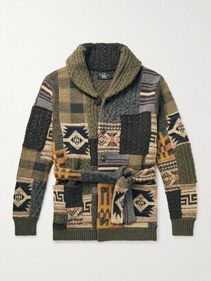 Shawl-Collar Belted Patchwork Wool-Blend Cardigan