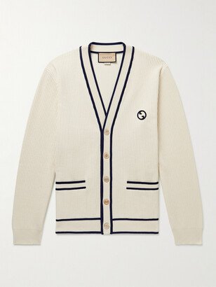 Logo-Appliquéd Ribbed Cotton and Wool-Blend Cardigan