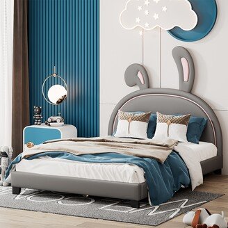 GREATPLANINC Full Size Upholstered Daybed Frame for Kids, Leather Platform Bed with Bunny Ears Headboard, Wood Bed Frame with Rabbit Ornament