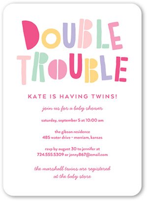 Baby Shower Invitations: Double The Trouble Baby Shower Invitation, Pink, 5X7, Matte, Signature Smooth Cardstock, Rounded