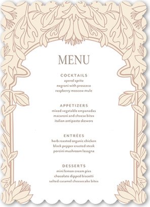 Wedding Menu Cards: Newlywed Nouveau Wedding Menu, White, 5X7 Flat Menu, Pearl Shimmer Cardstock, Scallop