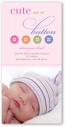 Baby Girl Birth Announcements: Button Pink Birth Announcement, Pink, Signature Smooth Cardstock, Square