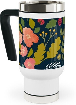 Travel Mugs: Garden Sprigs - Navy Travel Mug With Handle, 17Oz, Multicolor