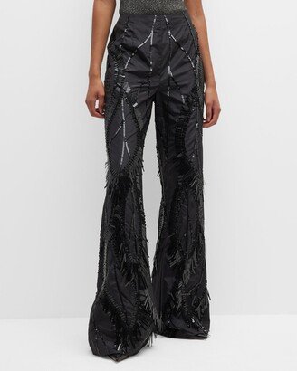 Sequin Embroidered Flare Taffeta Pants