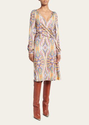 Kaleidoscope Long-Sleeve Draped Jersey Midi Dress