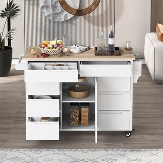 Rubberwood Countertop Kitchen Island, Kitchen Trolley with 5 Wheels, Spice Rack and 8 Drawers,White