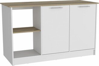 Sleek and Modern White and Light Oak Kitchen Island - 59x25.19x35.43