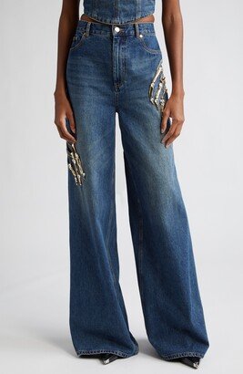 Crystal Claw Cutout Wide Leg Jeans