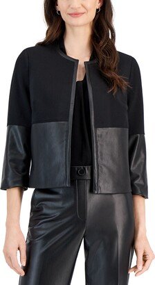 Petite Faux-Leather Combo 3/4-Sleeve Jacket