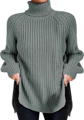 COALHO Womens Turtleneck Oversized Sweaters Long Sleeve Pullover Loose Chunky Knit Jumper with Split Hem and Bell. (Light Green