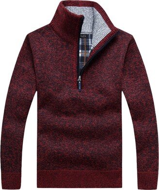 Bervoco Mens Thick Warm Knitted Pullover Sweater Solid Turtleneck Half Zip Warm Fleece Winter Coat Burgundy