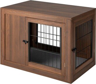 Furniture Dog Crate with Cushion and Double Doors-Walnut