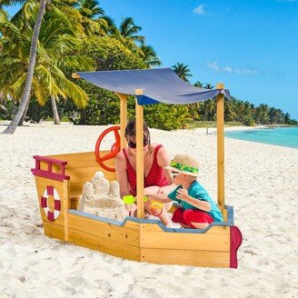 Pirate Ship Kids Sandbox with Cover, Outdoor Wooden Sandbox Boat Toy for Backyard, Ages 3-8 Years Old - N/A