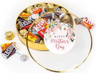 Mother's Day Chocolate Gift Tin - Plastic Tin with Candy Hershey's Kisses, Hershey's Miniatures & Reese's Peanut Butter Cups - Flowers - By Just Candy