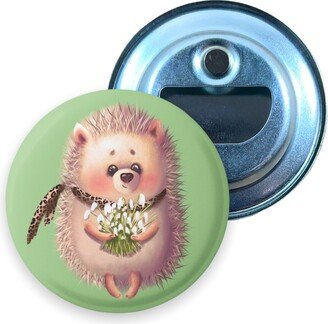 2.25 Inch Magnet Bottle Opener Hedgehog With Flowers Green Watercolor Design