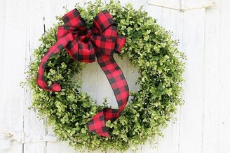 Buffalo Plaid Holiday Front Door Wreath, Farmhouse Boxwood Outdoor Christmas Wreath With Black & Red Checked Bow