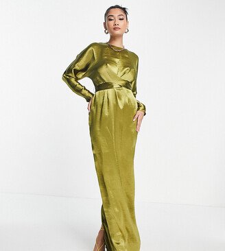 maxi dress with batwing sleeve and wrap waist in satin in olive