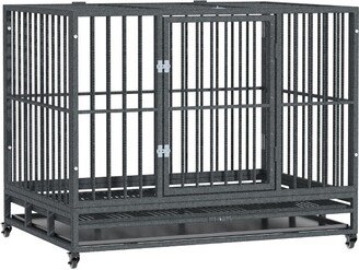 43 Heavy Duty Dog Crate Metal Cage Kennel with Lockable Wheels, Double Door and Removable Tray, Gray