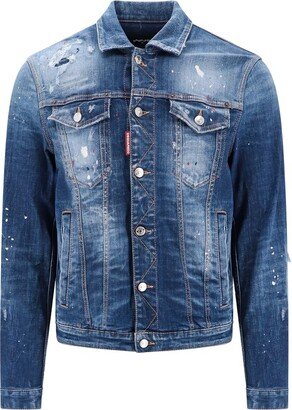 Distressed-Effect Button-Up Denim Jacket-AA