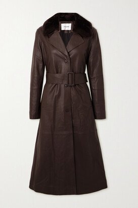 Belted Shearling-trimmed Leather Coat - Brown