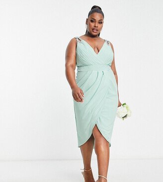 TFNC Plus Bridesmaid wrap front chiffon midi dress with embellished shoulder detail in sage green